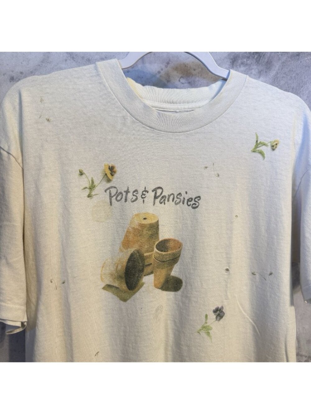 Vintage 90s Pots & Pansies T Shirt White Single Stitch Size Large Crop Style